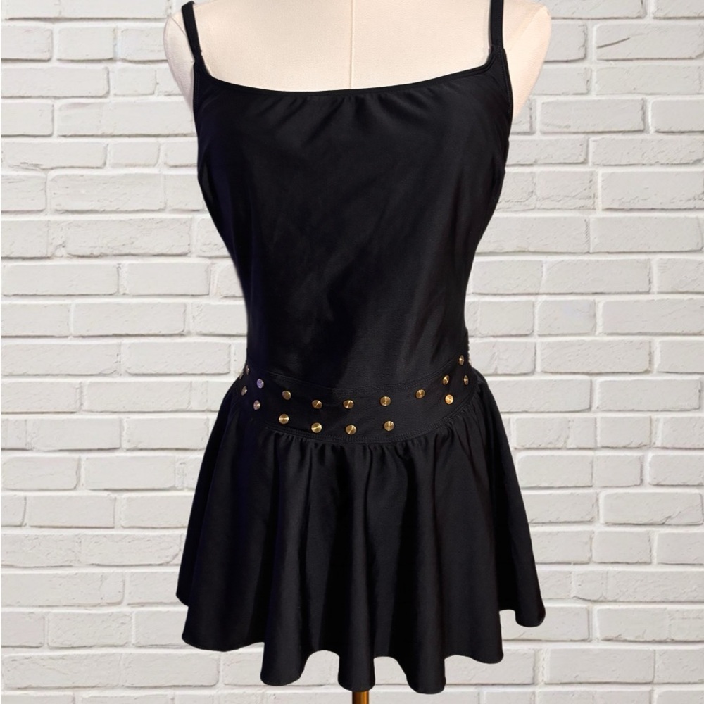 Vintage La Blanca Black Swimdress Size 14 – Gold Grommet Waist – Made in USA